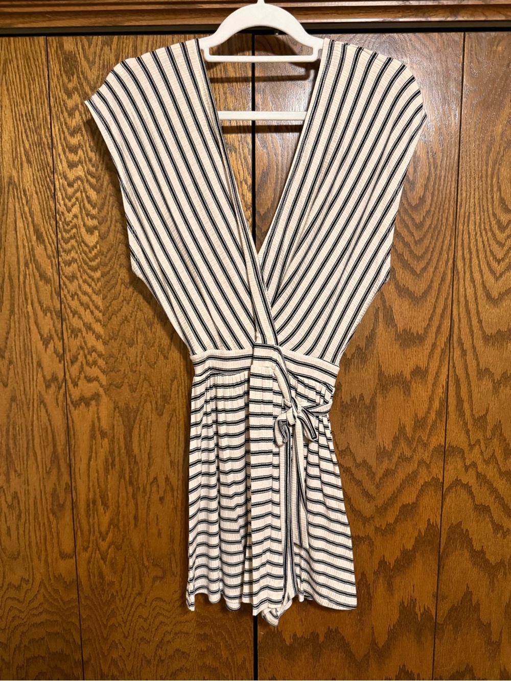 Striped V-Neck Wrap Romper in White and Black